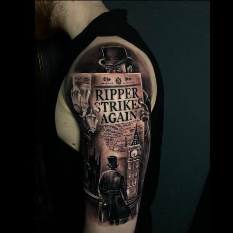 Jack The Ripper Tattoo, Ripper Tattoo, Best Cover Up Tattoos, Chicanas Tattoo, Cool Shoulder Tattoos, World Famous Tattoo Ink, Skull Sleeve Tattoos, Jack The Ripper, Famous Tattoos