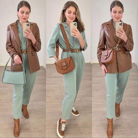 Mint Trousers Outfit, Mint Green Outfits, Classy Fashion Style, Colour Combinations Fashion, Color Combos Outfit, Color Combinations For Clothes, Luxury Photography, Stylish Winter Outfits, Brown Outfit