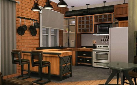 Industrial style apartment kitchen in The Sims 4 Industrial Apartment Kitchen, Industrial Tiny House, Sims 4 Industrial, Hi My Love, Apartment Sims 4, Industrial Style Apartment, Sims Furniture Cc, Sims Home Ideas, Modern Home Ideas