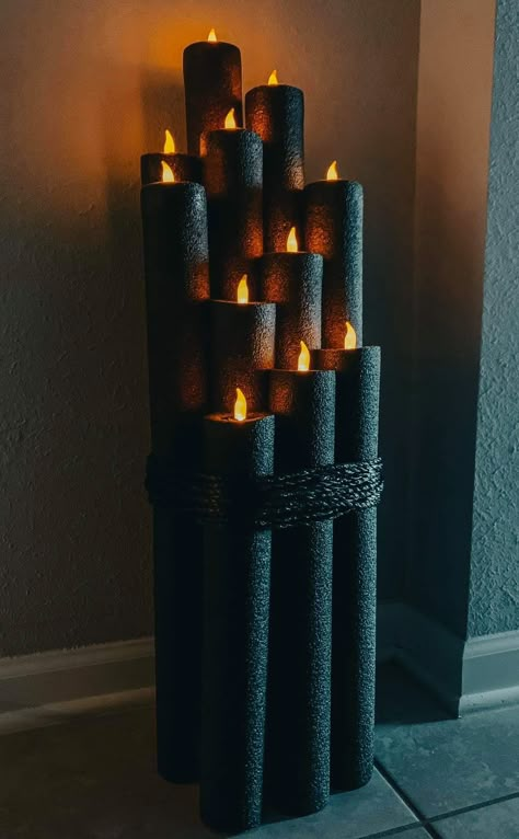 Black pool noodles with painted black tea lights make a great candelabra! Pool Noodle Candles, Unique Wreaths, Scary Halloween Decorations Diy, Halloween Outside, Spooky Decorations, Casa Halloween, Dollar Tree Halloween, Homemade Halloween Decorations, Creepy Halloween Decorations