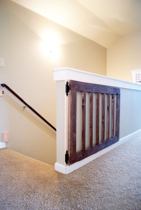 Custom Baby/Dog Gate DIY Baby Gate stained in Minwax Dark Walnut Custom Baby Gates, Barn Door Baby Gate, Diy Dog Gate, Perlengkapan Bayi Diy, Baby Gate For Stairs, Diy Baby Gate, Minwax Dark Walnut, Koti Diy, Stair Gate