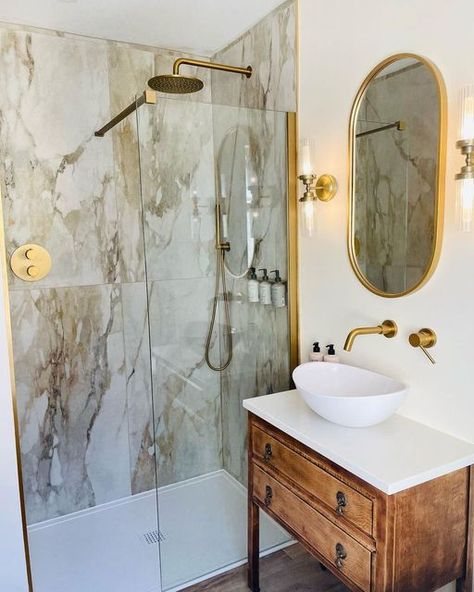 LUSSO on Instagram: "This Edwardian terraced property has been beautifully transformed into a Mid-century modern home. Our brass fixtures and stone sink seamlessly blend with a muted colour palette and elegant accents to create a cosy ambience in this classical bathroom setting. What do you think of this space? #Lusso #midcentury #traditional #bathroomdesign" Edwardian Bathroom, Classical Bathroom, Bathroom Sink Ideas, Muted Colour Palette, Muted Colour, Edwardian House, Sink Ideas, Brass Fixtures, Stone Sink