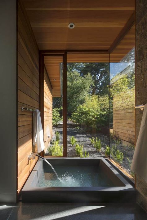 19 Japanese Soaking Tubs That Bring the Ultimate Comfort Japanese Style Deep Bath, Japanese Bathhouse Architecture, Japanese Plunge Bath, Home Onsen Japanese Bathroom, Onsen Style Bathroom, Japanese Soaking Tubs Outdoors, Deep Soaking Tub Master Bath, Pigeon Bathroom, Japanese Shower Room