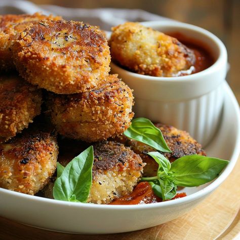 Eggplant Croquettes Ingredients: 2 medium eggplants 2 tbsp olive oil Salt and freshly ground black pepper, to taste 1 cup breadcrumbs (divided) 1/2 cup grated Parmesan cheese 2 garlic cloves, minced 1/4 cup fresh parsley, chopped 2 eggs, beaten 1/2 cup flour Vegetable oil, for frying For the Sauce: 1 cup marinara sauce (homemade or store-bought) Fresh basil leaves, for garnish Instructions: Preparing the Eggplants: Preheat the Oven: Preheat your oven to 400°F (200°C). Roast the Eggplants: C... Eggplant Croquettes, Easy Protein Meals, Easy Protein, Marinara Sauce Homemade, Basil Leaves, The Flesh, Croquettes, Marinara Sauce, Black Pride