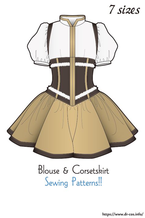 This is the pattern of Puff Sleeve Blouse & Corset Skirt. cm size(A4 size) Children's-140/Ladies'-S,M,L,LL/Men's-L,LL At present, only Japanese. Added the number of fabric meters required for each size Drcos Patterns, Wolf Pelt, Skirt Sewing Pattern Free, Flare Sleeves Pattern, Blouse Corset, Sewing Patterns Dress, Skirt Sewing Patterns, Puff Sleeve Pattern, Sewing Patterns Skirt