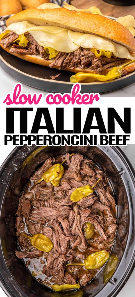 Super tasty Slow Cooker Italian Pepperoncini Beef packs the perfect punch and spends all day cooking in the kitchen so you don't have to! Italian Beef Crockpot Recipe, Pepperoncini Beef, Crock Pot Sandwiches, Roast Beef Crock Pot Recipes, Italian Beef Crockpot, Italian Beef Recipes, Italian Pot Roast, Slow Cooker Italian, Crockpot Roast Recipes