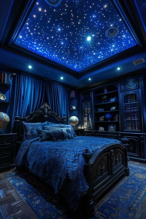 Celestial Bedroom Aesthetic, Dark Fantasy Bedroom, Magic Bedroom, Fantasy Bedroom Ideas, Dark Blue Rooms, Celestial Room, Night Bedroom, Celestial Motifs, Fantasy Bedroom