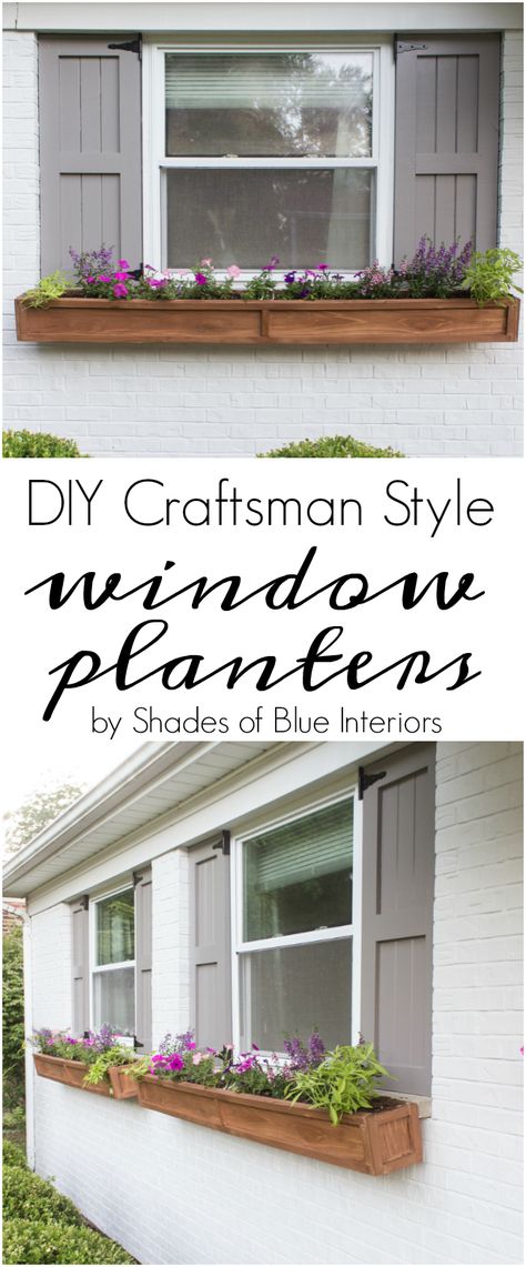 DIY Cedar Window Planters - Shades of Blue Interiors Window Shutters Diy, Planters For Shade, Craftsman Style Windows, Window Boxes Diy, Window Planter, Exterior Window, Diy Shutters, Blue Interiors, Window Planters