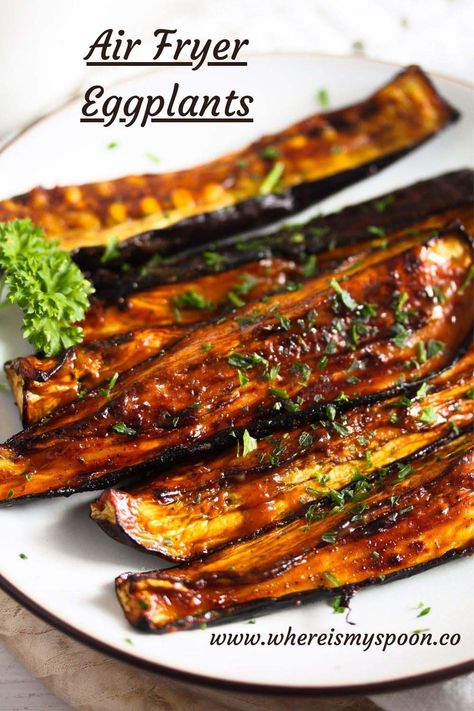 Air fryer eggplants or aubergines – soft, spicy and so versatile. You can either cube or slice them, and you can have them simple or glazed. #whereismyspoon #airfryereggplants #airfriedeggplants #airfryeraubergines #airfriedaubergines #roastedeggplants #glazedeggplants Big Easy Recipes, Fried Eggplant Recipes, Ways To Cook Eggplant, Air Fryer Vegetable Recipes, Roasted Eggplant Recipes, Air Fryer Vegetable, Air Fryer Veggies, Vegan Air Fryer Recipes, Frozen Sweet Potato Fries