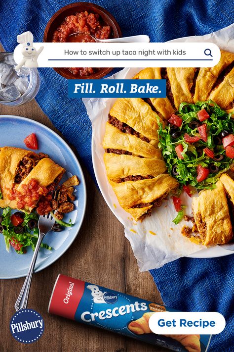 This delicious Taco Crescent Ring can please even the pickiest eaters. With help from Pillsbury Crescent Rolls and Old El Paso Taco Seasoning, it's as easy as Fill. Roll. Bake. Biscuit Cheeseburger, April Dinners, Taquito Casserole, Taco Crescent Ring, Crescent Casserole, Biscuit Pie, Pizza Crescent, Crescent Pockets, Crescent Cups