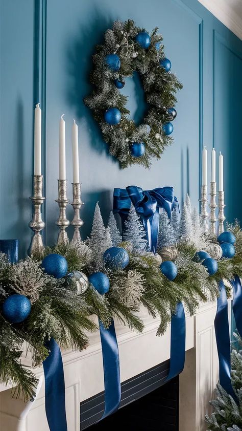 Blue Christmas Mantle, Thanksgiving Living Room Decorations, Christmas Mantle Decorations, Decorations After Christmas, Mantle Decorations, Pre Lit Garland, Mantle Garland, Blue Christmas Decor, Christmas Mantle Decor