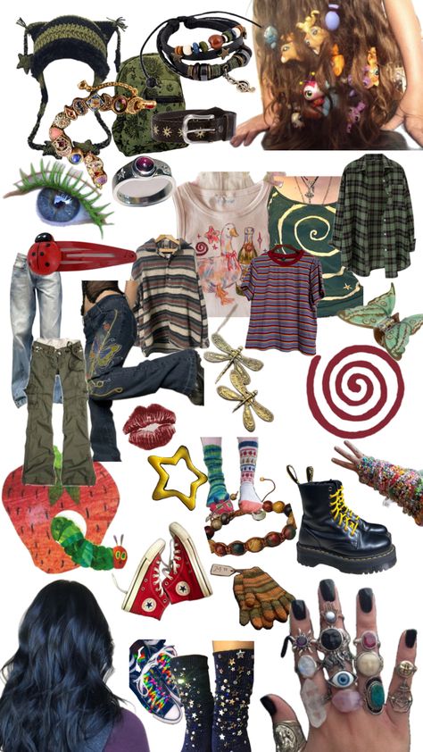 Hungry Caterpillar Style, Very Hungry Caterpillar Aesthetic, The Very Hungry Caterpillar Aesthetic, Coraline Clothes Aesthetic, Twee Hair, Funky Clothes Aesthetic, Hungry Caterpillar Aesthetic, Coraline Outfit Ideas, Weird Clothes Aesthetic