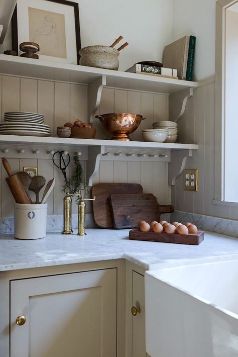 Counter Dish Storage, Minimal Traditional Home Interiors, Small Cottage Kitchen Table, French Victorian Kitchen, Kitchen With Angled Ceiling, Short Ceiling Kitchen, Restore A Finish Before And After, Cottage Kitchen Shelves, Dining Room Shelving