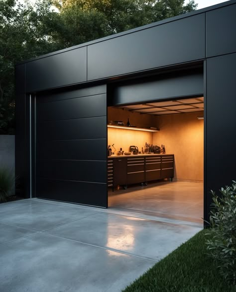 Matte Black Garage 🖤🖤🖤 Stylish Garage Interior, Garages Modernos Interior, Modern Garage Design Interior, Garage Makeover Man Cave, Luxury Garage Design, Modern Garage Interior, Modern Garage Design, Aesthetic Garage, Garage Architecture