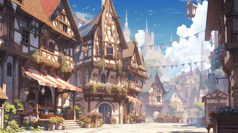 Fantasy City Street Concept Art, Fantasy City Layout, Anime Medieval Background, Anime Town Background, Fantasy City Background, Town Concept Art, Kingdom Background, Fantasy Cities, Fantasy Village