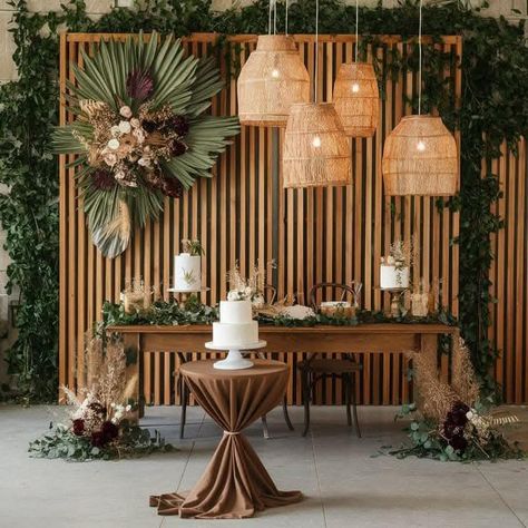 Native Theme Wedding, Elegant Party Backdrop, Wood Backdrop With Flowers, Wooden Backdrop Wedding, Green And Brown Party, Green Floral Backdrop, Wood Panel Backdrop, Brown Party Decorations, Rustic Event Decor