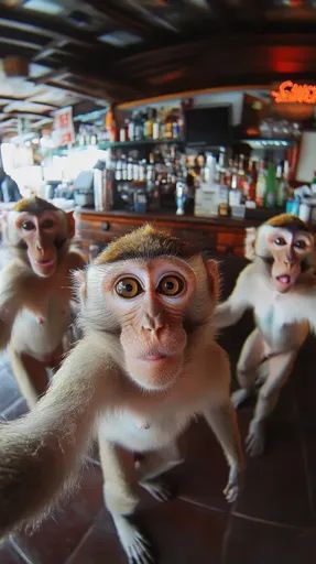 ↑↑↑ Larger size on website 🔸 Three monkeys are sitting in a bar. The monkey in the foreground is taking a selfie with its two fri Three Monkeys Funny, Mouth Slightly Open, Curious Expression, Two Monkeys, Three Monkeys, Group Picture Poses, Monkey 3, Group Picture, Monkeys Funny