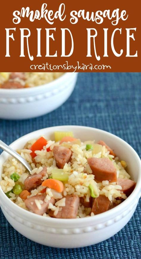 Smoked Sausage Fried Rice- a delicious skillet meal the whole family will love! Instead of ham fried rice, try this recipe made with smoked sausage. #smokedsausage #smokedsausagefriedrice #friedrice #dinnerrecipe -Creations by Kara Skillet Smoked Sausage, Sausage Fried Rice, Ham Fried Rice, Electric Skillet Recipes, Quick Recipes Easy, Smoked Recipes, Electric Skillet, Weeknight Dinner Recipes Easy, Family Favorite Recipes