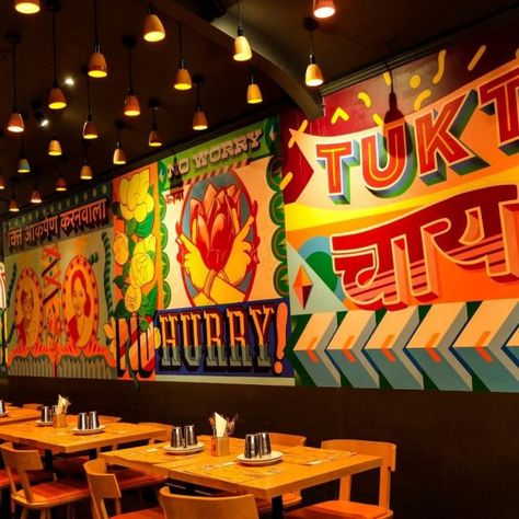 Indian Street Food Restaurant Design, Indian Dhaba Design, Street Food Branding Design, Punjabi Restaurant Interior, Indian Cafe Interior Design, Street Food Restaurant Design, Indian Street Art, Indian Restaurant Interior, Indian Restaurant Interior Design