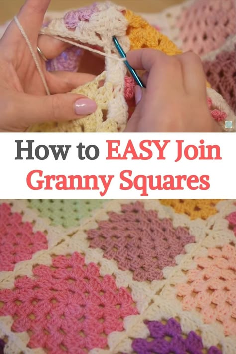 Granny Square Together, How To Crochet Squares Together Blankets, How To Join Crochet Granny Squares Together, Sewing Granny Squares Together Blankets, How To Make A Granny Square Blanket, Crochet Together Granny Squares, Join Granny Squares Crochet Easy, How To Sew Crochet Granny Squares Together, Joining Granny Squares Tutorial