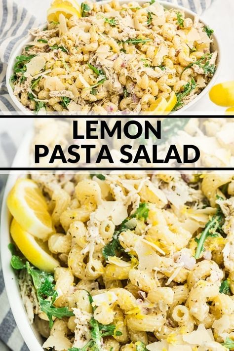 This summery pasta salad includes a creamy lemon dressing, shredded chicken, arugula, and red onion. It's the perfect light entree or BBQ side dish! Creamy Lemon Pasta Salad, Pasta Salad Lemon Dressing, Lemon Pepper Pasta Salad, Lemon Pasta Salad Recipes, Lemon Chicken Pasta Salad, Pasta Salad Lemon, Grilled Chicken Side Dishes, Bbq Chicken Side Dishes, Light Pasta Salad