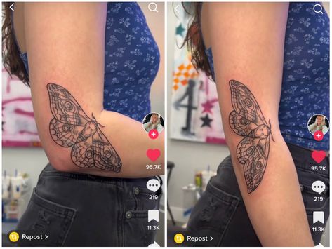 Moth Tattoo Design Elbow, Moth In Elbow Tattoo, Luna Moth Tattoo Elbow, Luna Moth Elbow Tattoo, Woodcut Moth Tattoo, Elbow Tattoo Japanese, Moth On Elbow Tattoo, Moth Elbow Bend Tattoo, Butterfly Elbow Tattoo Open Close