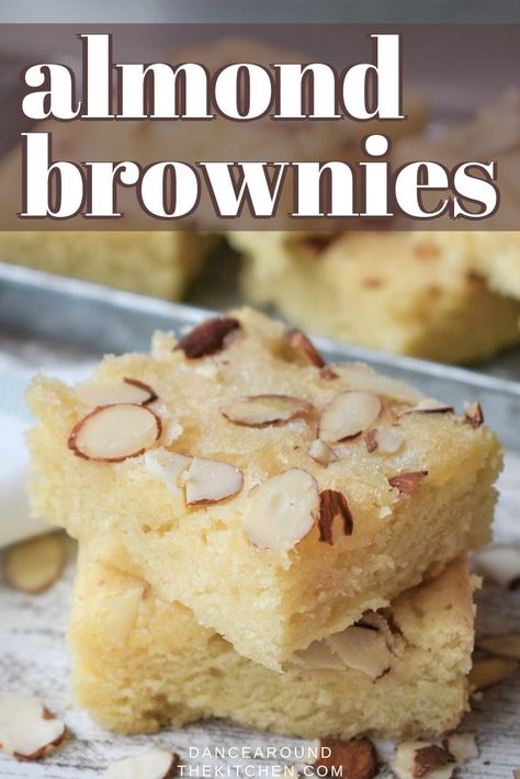 These Almond Brownies are soft, buttery and oh so delicious! Made in just one bowl, these are quick to make and are perfect for an after school snack, bake sale, or easy dessert!  #Almond #Brownies #SlicedAlmonds Almond Brownies, Almond Torte, Dance Around The Kitchen, Almond Paste Recipes, Almond Desserts, Almond Bars, Hot Chocolate Cookies, Almond Cookies, Coconut Lime