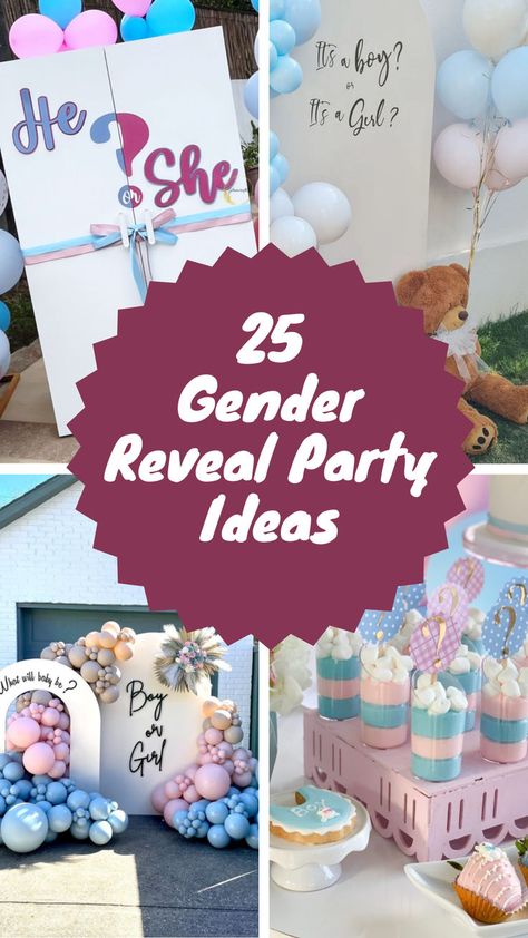 A vibrant collage of 25 gender reveal party ideas featuring creative setups like 'He or She' boards, pastel balloon arches, teddy bear decorations, and layered pink and blue desserts for a delightful and memorable celebration. Gender Reveal Ideas For Party, Unique Gender Reveal, Simple Gender Reveal, Creative Gender Reveals, Gender Reveal Unique, Gender Reveal Themes, Gender Reveal Party Ideas, Reveal Party Ideas, Baby Cross