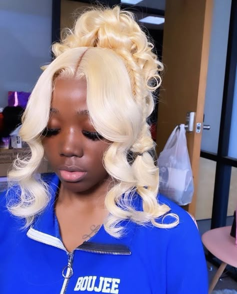 Updo Frontal Styles, Blonde Updo Black Women Prom, Blonde Pin Up Wig, Wig Hairstyles Ideas Black Women Prom, Wig Install Updo, Prom After Party Outfit Baddie, 613 Updo Wig, Wedding Pin Up Hairstyles Black Women, 613 Frontal Wig Styles