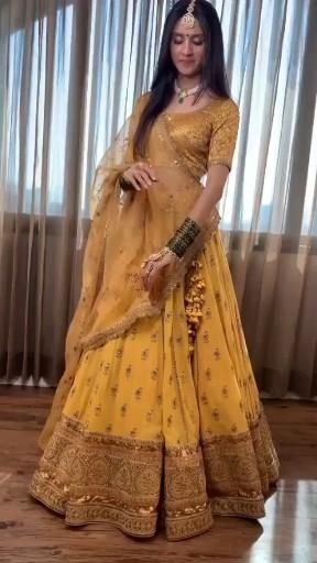 Please Re-Pin for later 😍💞, #ad, cheap saree, engagement lehenga, sarees shop near me, wine colour suit, crop top with palazzo and shrug for wedding Heavy Yellow Lehenga, Yellow Lahnga Design, Yellow Lehenga For Wedding, Lehenga Looks Style, Yellow Lehenga Look, Lehenga Designs Rajasthani, Yellow Lehanga Outfits, Heavy Lehenga Indian Weddings, Simple Wedding Look Indian