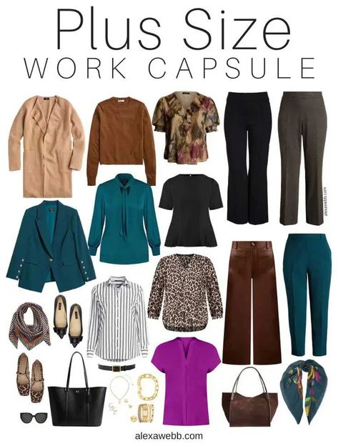 Plus Size Fall Work Capsule 2024 – Part 3 - Alexa Webb Capsule Wardrobe 2024 Plus Size, Plus Size Capsule Wardrobe 2024, Plus Size Fall Capsule Wardrobe, Casual Work Capsule Wardrobe, Casual Work Capsule, Plus Size Minimalist Outfits, Work Capsule Wardrobe, Fall Business Casual, Autumn Color Palette Fashion