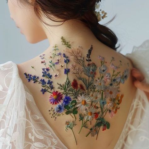 Wild Flower Tattoo Back, Wildflower Neck Tattoo, Tattoo Flower Types, Floral Solar System Tattoo, English Garden Tattoo, Lake Inspired Tattoo, Mother Nature Tattoos Sleeve, Mimosa Tree Tattoo, Thigh Tattoos Women Colorful