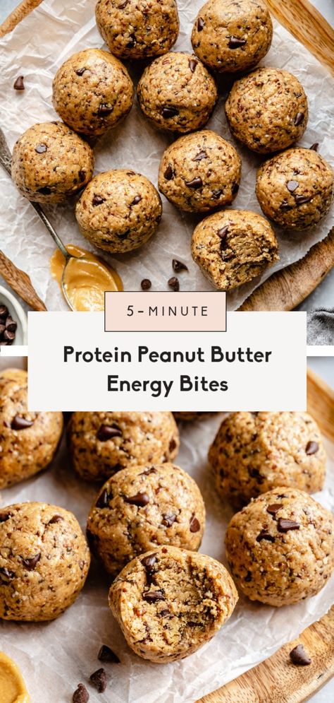 No bake protein packed peanut butter energy bites that taste like peanut butter cookie dough with an amazing chewy texture. These healthy peanut butter energy bites are loaded with nutritious ingredients like flaxseed, chia and oats for the perfect no bake snack. Energy Bites Protein Powder, Peanut Butter Squares, Peanut Butter Energy Bites, Butter Cookie Dough, Healthier Treats, No Bake Energy Bites, Peanut Butter Cookie Dough, Protein Bites, Energy Foods