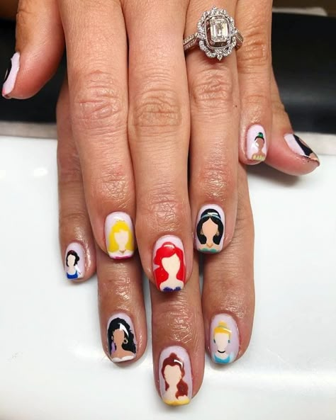 Different Disney Character Nails, Mickey And Friends Nails, Disney Food Nails, Disney Nails Characters, Disney Characters Nail Art, Princess Disney Nails, Disney Nails Princess, Princess Nails Disney, Disney Nail Designs Princesses