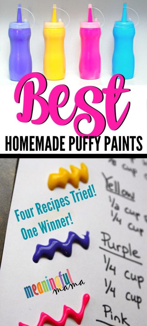 4 puff paint recipes tried. After being unsatisfied with the results, I created my own recipe, which is the best homemade puffy paint recipe I have found. This is a great craft for kids of all ages, including preschoolers, kindergarteners and older kids. #craftswithkids #activitiesforkids #homemadepaint #diy #diykids #puffypaint #puffpaint #playrecipes Thick Paint Recipe, Puffy Paint Fall Craft, Diy Puffy Paint Recipe, Diy Puff Paint Shirt, Puff Paint Designs, How To Make Puff Paint, How To Make Puffy Paint For Kids, How To Make Puffy Paint, Puff Paint Art