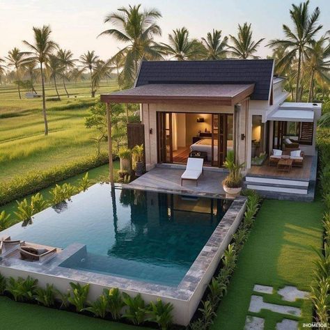 Modern Pool Landscaping, Pool Landscaping Ideas, Tiny House Village, Small Villa, Farmhouse Architecture, Modern Pool, Small Cottage Homes, Bali House, Contemporary Villa