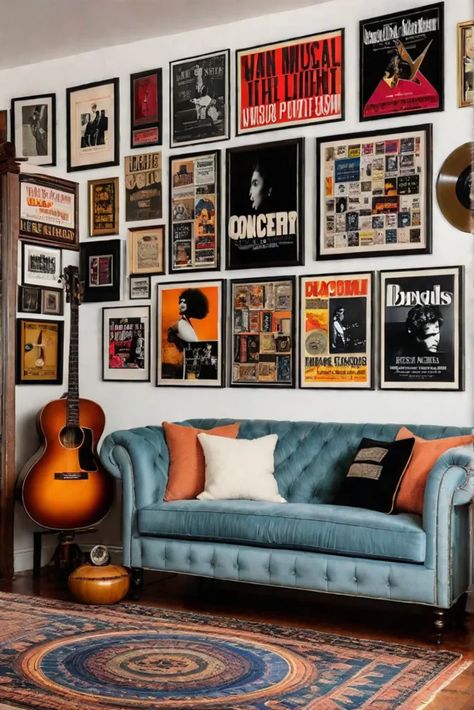 Musicthemed gallery wall with concert posters and record covers Framed Music Posters On Wall, Records On The Wall Decor, Music Wall Art Ideas Living Rooms, Music Room Gallery Wall, Music Room Wall Decor, Bedroom Record Wall, Music Gallery Wall Ideas, Vinyl Record Display Wall Art, Classic Rock Room