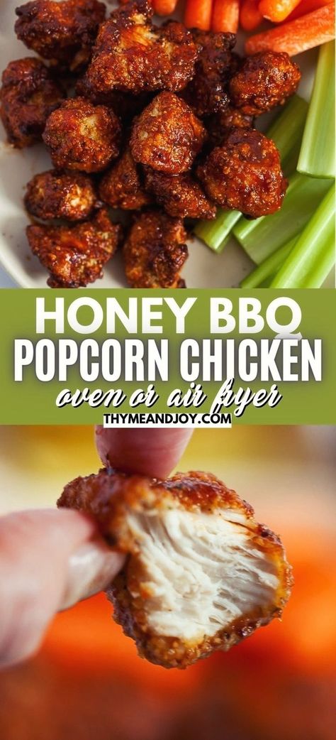 Skip Sonic, KFC, or even Applebee's and make your own honey BBQ popcorn chicken right at home! Tender pieces of chicken breast are coated in breadcrumbs and baked in the oven or air fried before tossing with your favorite honey barbeque sauce for a sweet and tangy way to enjoy a snack, appetizer, or a quick and easy main course paired with your favorite side dishes! Gluten free and keto options included! Baked Honey Bbq Chicken Bites, Barbeque Chicken Crockpot, Honey Bbq Chicken Bites, Chicken Bites Oven, Oven Baked Bbq Chicken Breast, Honey Barbeque Chicken, Oven Bbq Chicken Breast, Boyfriend Recipes, Bbq Popcorn Chicken