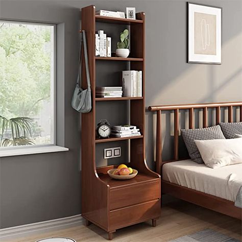 Amazon.com: IOTXY Walnut Bedside Table Bookshelf - 71" Tall Free Standing Wooden Open Shelf Bookcase with Drawers and 4-Shevles for Bedroom, Bed Side End Table, Nightstand : Home & Kitchen Bookcase With Drawers, Oak Bedside Tables, Shelves In Bedroom, Open Shelving, Bedside Table, Bookshelves, End Tables, Bookcase, Drawers