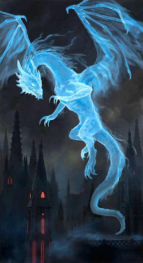 Artist ~ Käri Christensen Patronus Art, Tiamat Dragon, Ghost Dragon, Elemental Dragons, Night Of The Demons, Mythical Dragons, Dragon Artwork Fantasy, Cool Dragons, The Resident