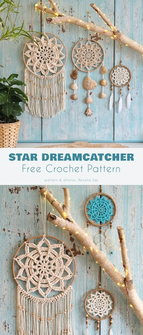 Crochet Wall Hanger Free Patterns Crochet Dreamcatcher Pattern Free, Star Dream Catcher, Crochet Dreamcatcher Pattern, Crochet Dream Catcher, Dream Catcher Patterns, Crochet Wall Art, Crochet Wall Hanging, Crochet Dreamcatcher, Crochet Dog Patterns