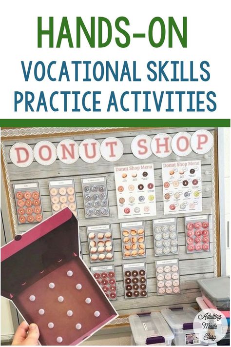 Interactive bulletin board activities are an engaging way to practice hands-on life skills and job skills in your special education classroom. Use interactive bulletin boards to practice fulfilling orders, money math, next dollar up, stocking inventory, sorting inventory and more. They are perfect for center activities, independent work tasks, IEP goal work and preparing students for community based instruction. Learn how I set up interactive bulletin boards in my life skills classroom here. Assembly Tasks Life Skills, Vocational Activities Special Education, Interactive Bulletin Board Ideas, Special Education Transition, Bulletin Board Activities, Community Based Instruction, Vocational Activities, Instructional Activities, Independent Work Tasks