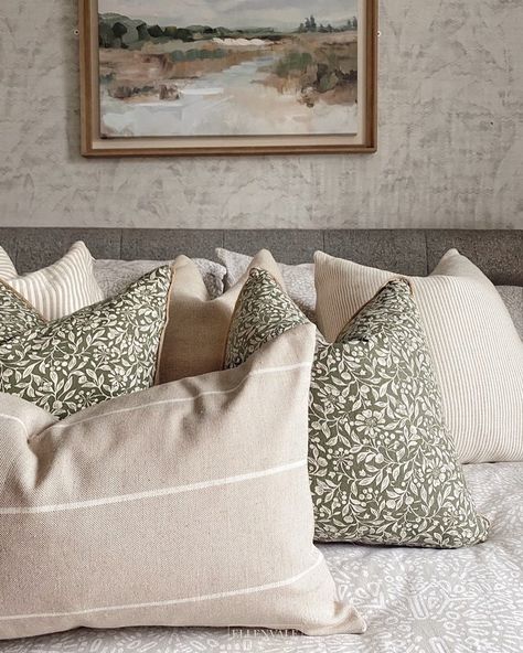 Ellenvale Interiors on Instagram: “How beautiful does our beige country style cushion look against these green cushions in @homebyemj’ bedroom, thank you for sharing 🤍 .…” Green Cushions Living Room, Bed Cushions Arrangement, Sage Living Room, Cushion Arrangement, Country Cushions, Bedroom Cushions, Living Room Cushions, Beige Bedroom, Beige Bed