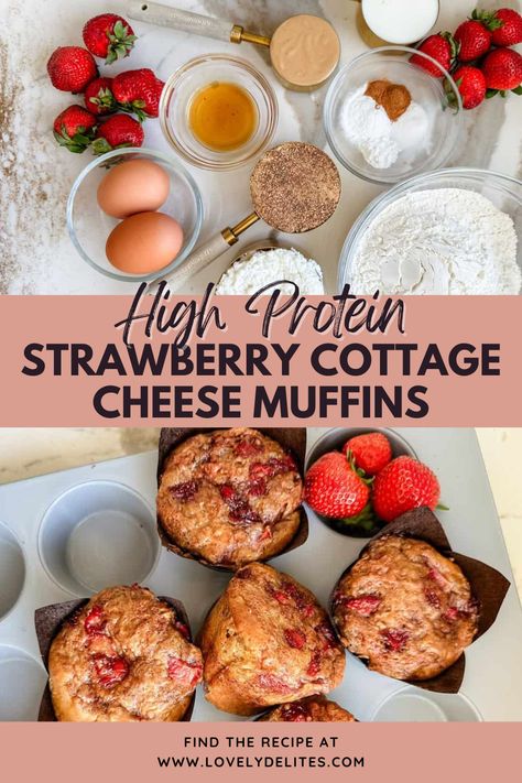 Try these strawberry cottage cheese muffins. Looking for high protein breakfast ideas? These Strawberry Cottage Cheese Muffins are high in protein, moist, and perfect for busy weekday mornings. Made with no refined sugar, they are protein packed on-the-go breakfast or snack idea for busy and healthy lifestyles. Healthy Muffins Strawberry, Breakfast Muffins High Protein, Easy High Protein Muffins, Easy Meal Prep Breakfast High Protein, High Protein Muffin Tin Recipes, Cottage Cheese Strawberry Muffins, High Protein Pumpkin Muffins Cottage Cheese, Protein Pancake Muffins Recipe, Protein Muffins With Cottage Cheese