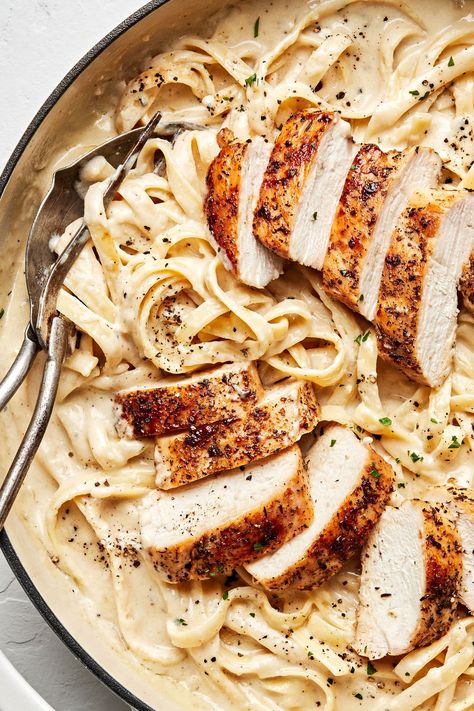 A thick and creamy sauce from scratch is no comparison to the jarred alfredo you may be familiar with. Paired it with al dente noodles and golden-brown chicken for an easy dinner. Easy Chicken Fettuccine Alfredo, Fetuchini Alfredo, Chicken Alfredo Fettuccine Recipe, Panini Recipes Chicken, Braised Greens, Chicken Fettuccine Alfredo, Chicken Shawarma Recipe, The Modern Proper, Fettuccine Noodles