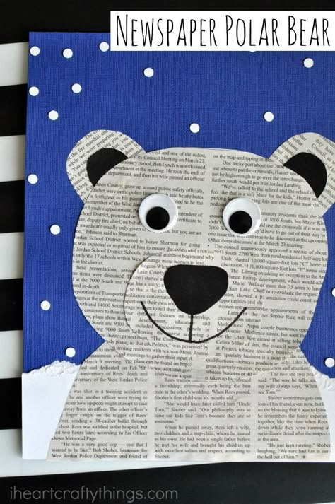 This newspaper polar bear craft is perfect for a winter kids craft, preschool craft, newspaper craft and arctic animal crafts for kids. Arctic Animals Crafts, Polar Bear Craft, Bear Craft, Newspaper Craft, Crafts Winter, Craft Preschool, January Crafts, Urs Polar, Preschool Winter