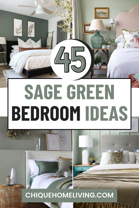 Sage Green Bedroom Walls Inspiration, Master Bedrooms Decor Sage Green, Bedroom Inspirations Master Sage Green, Green Accent Wall Bedroom Farmhouse, Shades Of Green For Bedroom, Sage Master Bed, Relaxing Green Bedroom Ideas, Sage Cream Bedroom, Green And Off White Bedroom