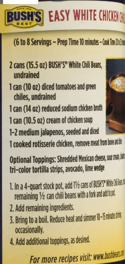 Bush White Chicken Chili, White Chicken Chili Bush's Beans, Bush's White Chicken Chili Recipe, Bushes White Chicken Chili Recipe, Bushs White Chicken Chili Easy, Bush’s White Chicken Chili, Easy White Chicken Chili 5 Ingredient, Bushs White Chicken Chili, White Chili Chicken