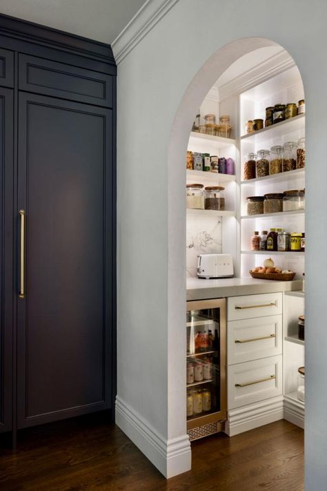 Neutral Contemporary Pantry With Arched Doorway Transitional Kitchen Design, Harmony House, Blue Cabinets, Elegant Kitchens, House Design Photos, Butcher Block Countertops, Butler Pantry, Transitional Kitchen, Chic Kitchen