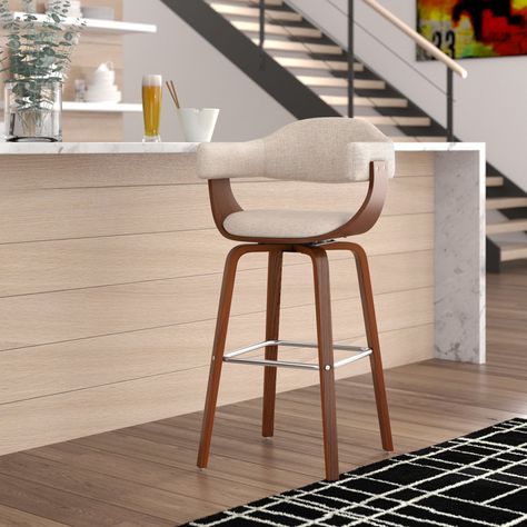 Wade Logan® Alminus Swivel Bar Stool, Fabric Upholstery, Walnut Wood Legs & Reviews - Wayfair Canada Upstairs Decor, Home Warehouse, Mid Century Bar Stools, Fabric Bucket, Bar Stools Kitchen, Fabric Bar Stool, Cozy Bar, Brown Bar Stools, Cool Bar Stools